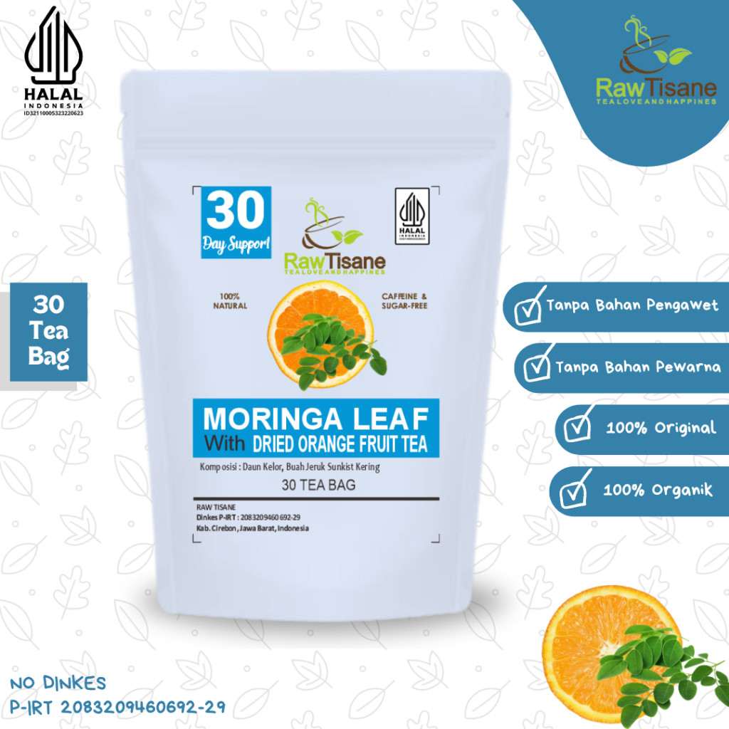 

RAW TISANE Moringa Leaf With Dried Orange Fruit Tea : Teh Celup Daun Kelor & Buah Jeruk Kering Isi