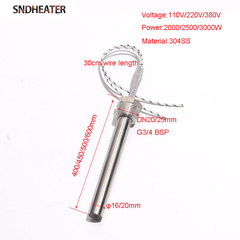 SNDHEATER DN20 25mm Thread High Power Cartridge Burning Heater 20x400-600mm 304SS Water Heating Rod 