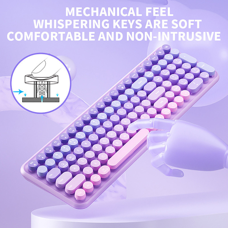 2.4G Wireless Keyboard 106 Keys Battery Powered Retro Round Keycap Colorful Cute Keyboard for Girls,
