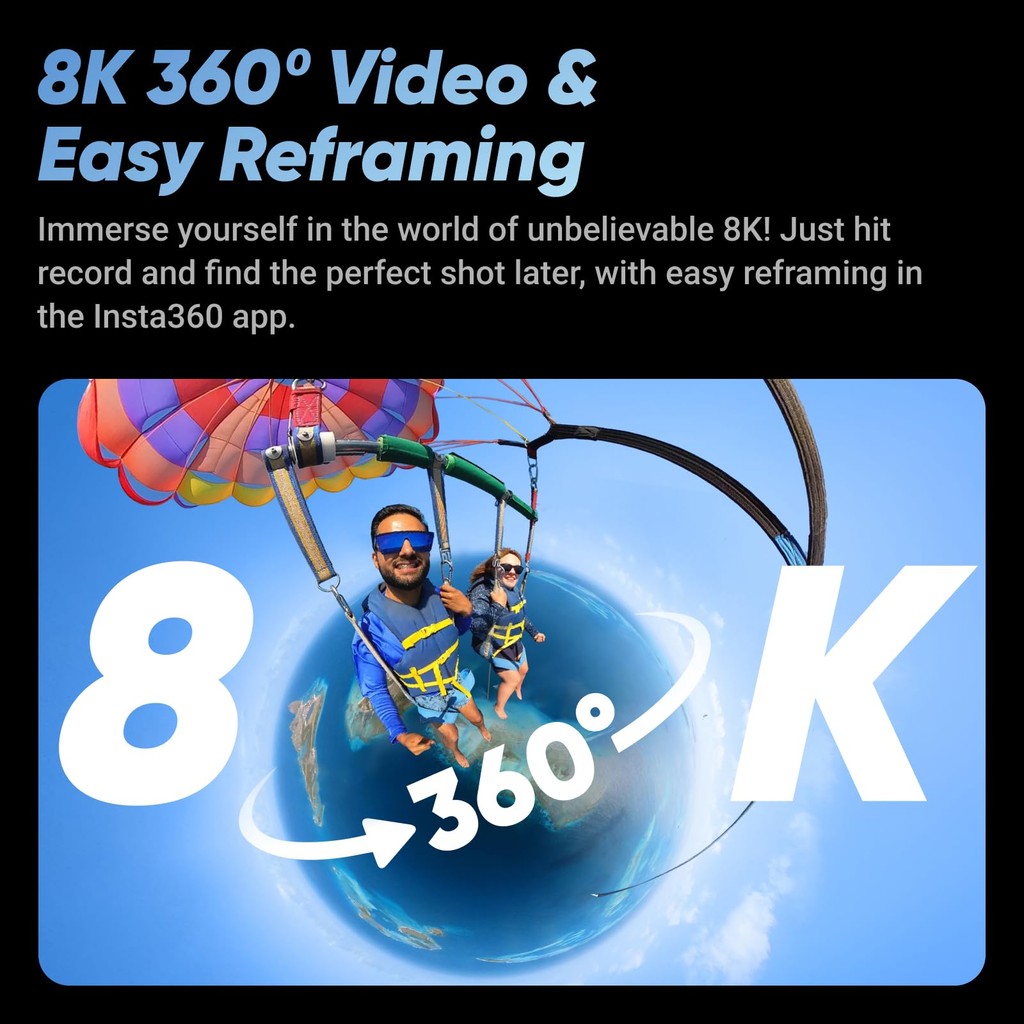 8K 360 ation a, 4K wide-angle video, 135 minutes battery life, AI editing, suitable for sports,