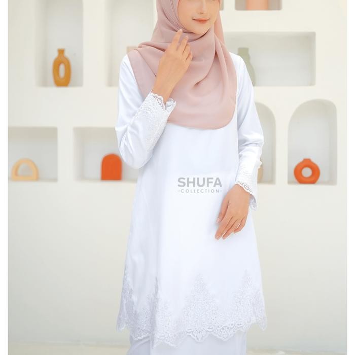 ORIGINAL Baju Setelan Kurung Melayu Wanita Modern Brokat Renda Akad AMalaysia Perempuan Putih Atasan