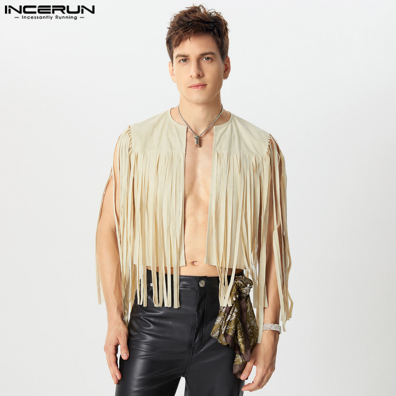 2024 Incerun Men Tops Casual Solid Sexy Waistcoats Tassels Elegant Sleeveless Vests Vintage Style