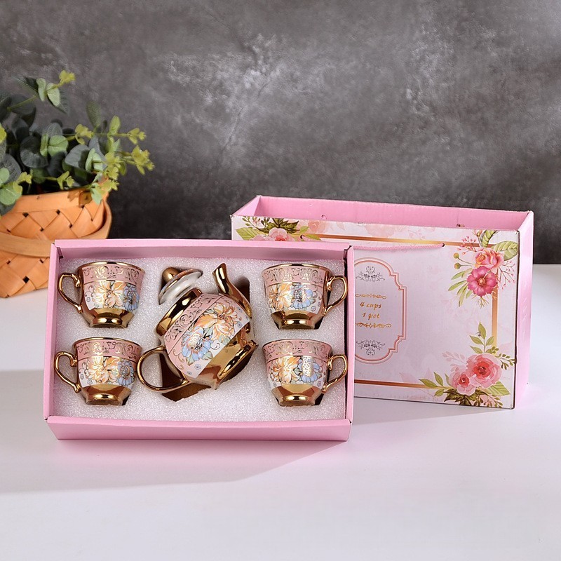 Cangkir Teko Keramik Retro Jadul Vintage Classic Set 4 Cups 1 Pot European Style Hampers Ramadhan