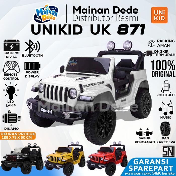 BARANG TERLARIS MAINAN MOBIL AKI ANAK JEEP RUBICON UNIKID UK 871 BAN KARET JOK KULIT PACKING AMAN
