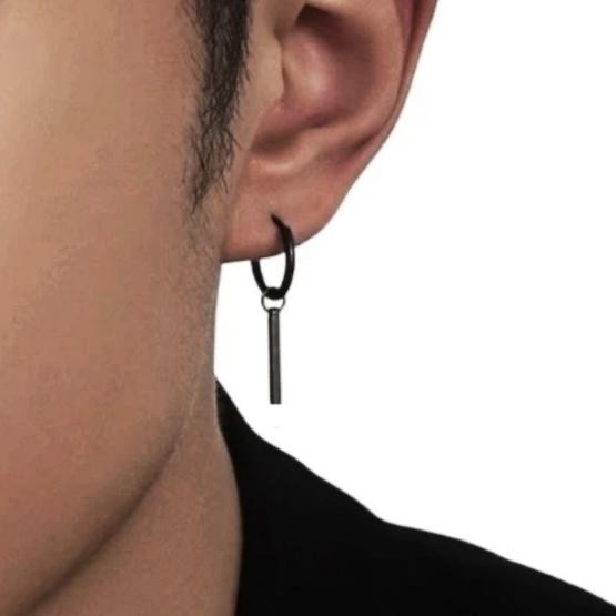 Anting Hitam Silver Panjang Pria Wanita Earrings Titanium Tindik 2 pcs