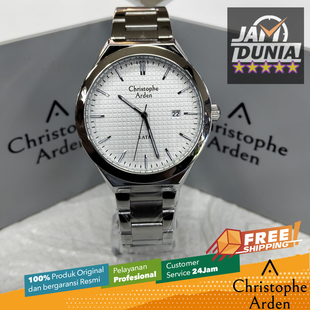 JAM TANGAN CHRISTOPHE ARDEN PRIA ORIGINAL SILVER WHITE STAINLESS STEEL STRAP CAF2002 CA F2002 JAM AN