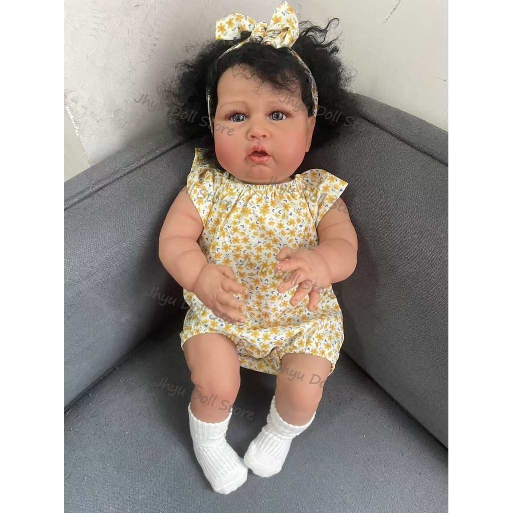 60Cm Blue Sparrow Dark Skin Soft Cloth Body Lifelike Toddler Reborn Baby Doll With Hand-Rooted Hair