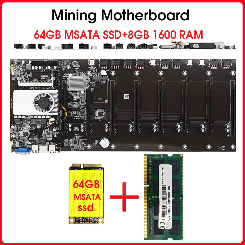 BTC T37 Mining motherboard 8 GPU Bitcoin Crypto Etherum Mining Set with 8GB DDR3 1600MHz RAM and 64G