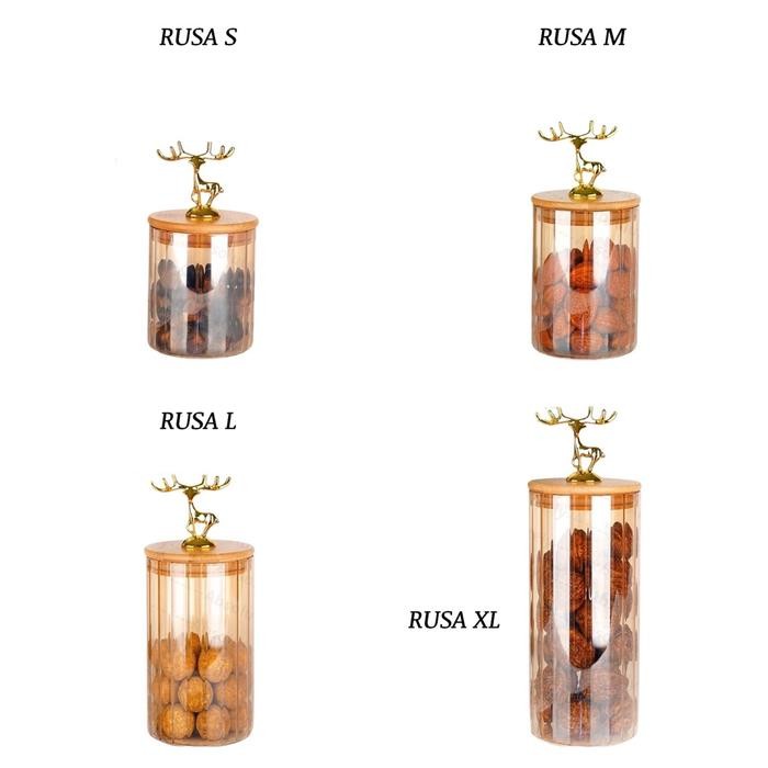 Ready Stock Set 4 Toples Kue Kering Lebaran Natal Daun Mahkota Crystal Rusa Kaca Tutup Kayu Kedap