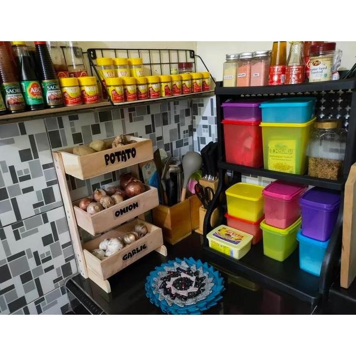 PREMIUM TERLARIS Rak Bawang Susun wadah bumbu wadah bawang rak dapur Kayu Kekinian Rak Bumbu Dapur