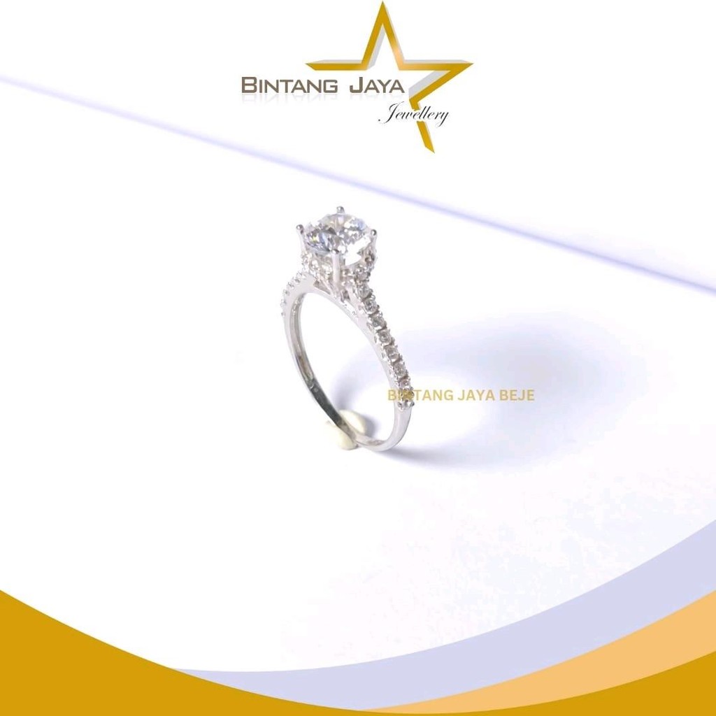 Cincin Emas Asli - Solitaire Samping M Putih Whitegold - Kadar (17K) -  | 2,57 Gram Ukuran No. 17 - 