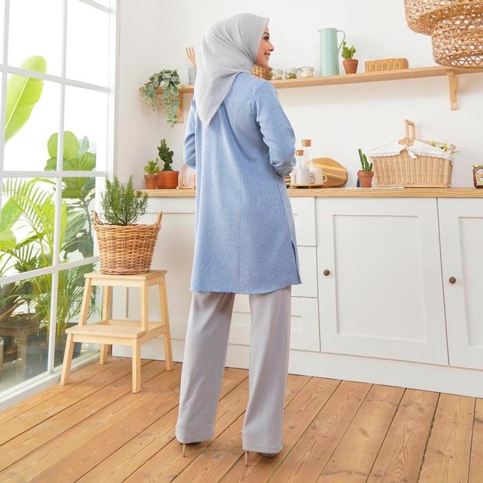 Wulfi Atasan Kemeja Tunik Day To Day Katun Cotton Madinah Misty Blue kantor muslim Nyaman Panjang