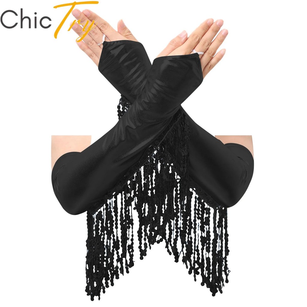 Womens 1920S Tassel Glitter Long Gloves Vintage Party Mittens Stage Opera Performance Cosplay Elbow