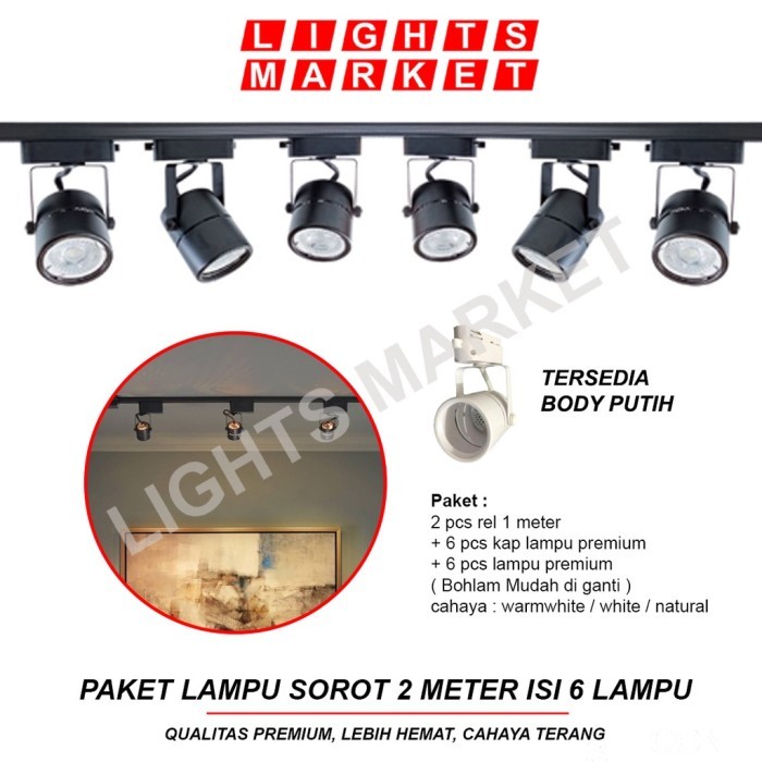 (Expert) Paket Lampu Sorot Rel 1 Set isi 6 Track Light Rell 2 Meter