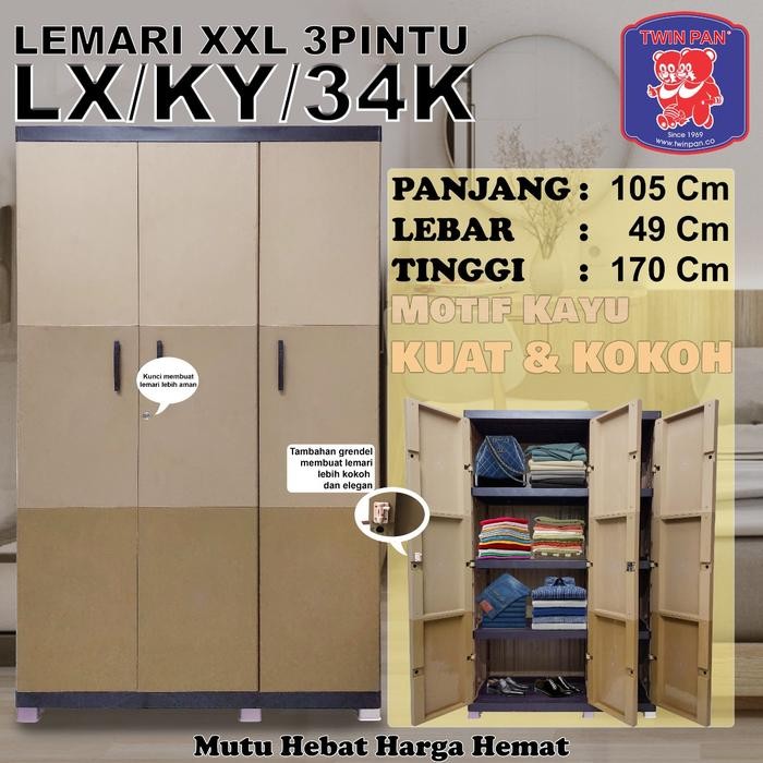 BestSeller Lemari Pakaian Plastik 3 Pintu 1 gantung twinpan Anti Banjir dan Rayap