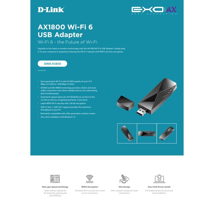 [Expert] D-Link DWA-X1850 Wireless AX1800 MU-MIMO WI-FI 6 USB 3.0 Adapter