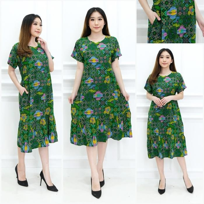 Daster Dress Panjang Baju Tidur Batik / Rayon Wanita Dewasa Abstrak Bunga Tangan Pendek Motif Bunga