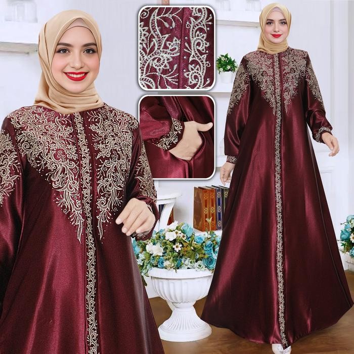Gamis Bordir Mewah Bahan Satin Kristal Bunsui Dress Abaya Pesta Elengant Wanita