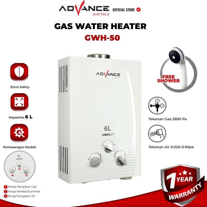 Advance Gwh50 Water Heater Gas / Pemanas Air Panas Kamar Mandi - Bonus Kepala Shower & Selang Shower