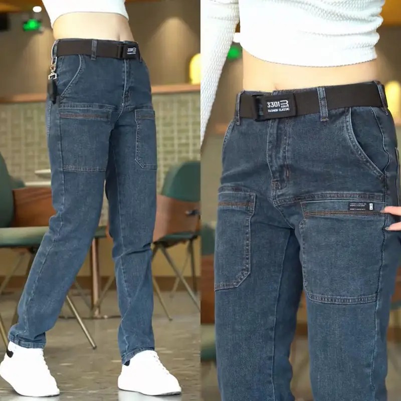 Korea Fashion Men Jeans Cargo Denim Pants Casual Blue Gray Pocket Denim Pants Straight Jean Womens