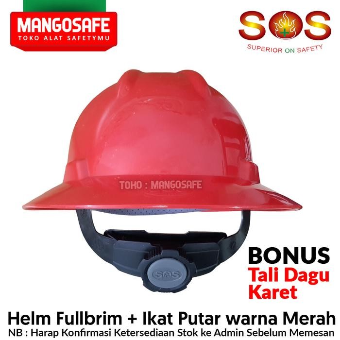 Helm Safety Proyek Fullbrim Murah Sos Warna Merah + Ikat Kepala Putar + Tali Dagu Karet / K3 Hse