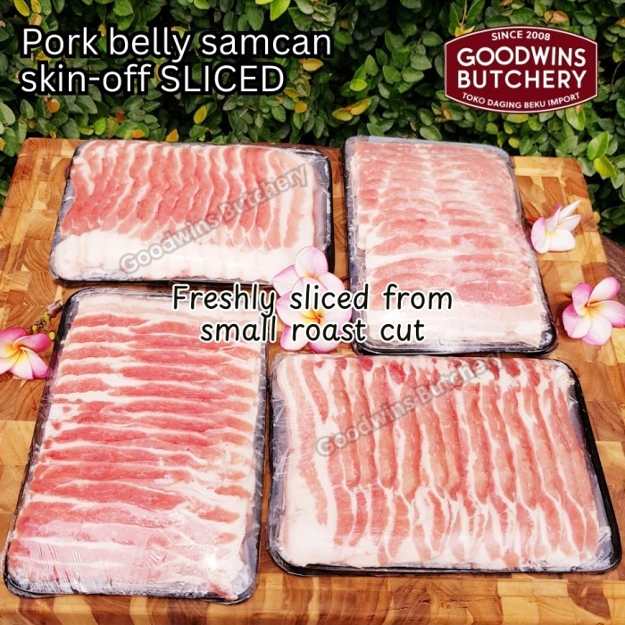 

PORK BELLY SKIN OFF IMPORT PORTIONED 1.5KG FRESHLY SLICED TO ORDER SPAIN COREN DENMARK DANISHCROWN