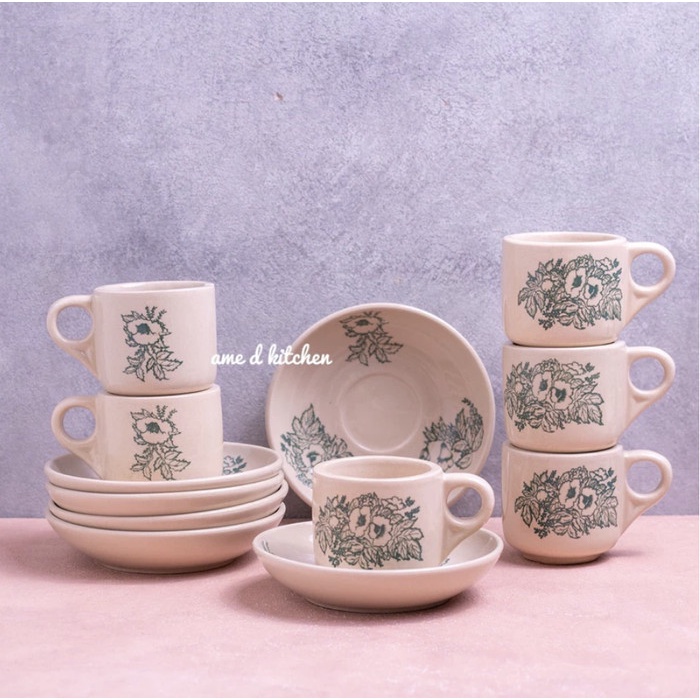 Cangkir lepek kopi keramik set 6+6 pcs/ Cangkir lepek kopitiam
