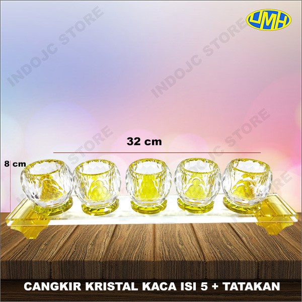 cangkir puja sembahyang kristal kaca bulat isi 5 + tatakan