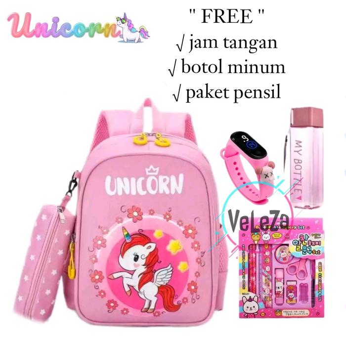 

BERKUALITAS Tas ransel anak perempuan motif unicorn gratis botol minum jam tangan paket pensil tas