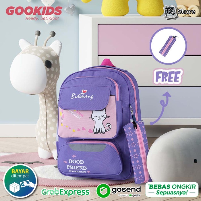 

KOMPLIT Tas Ransel Anak Sekolah TK SD Perempuan Bonus Tempat Pensil Kucing