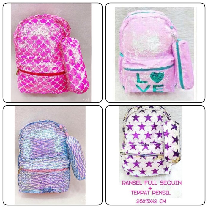 

BERMUTU Tas Ransel Sekolah & Kotak Pensil Sequin Model Justice Unicorn