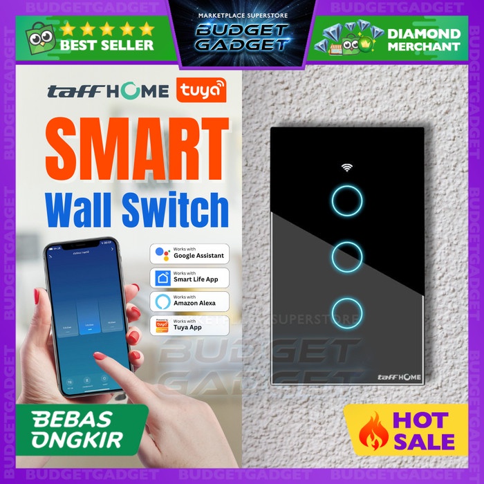 TERLARIS TaffHOME Tuya Saklar Lampu Wireless WiFi Remote Smart Life Google Alexa Touch Control -