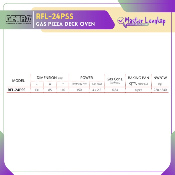 GETRA GAS PIZZA DECK OVEN RFL-24PSS / RFL24PSS / RFL 24PSS / RFL 24 PSS
