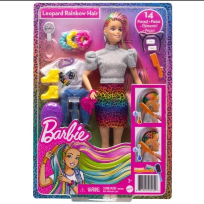 Boneka Barbie Leopard Rainbow Hair Doll With Color - Rambut Pelangi