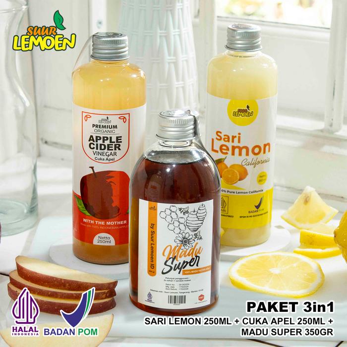 

SUUR LEMOEN BPOM Paket Cuka Apel 250 ml Sari Lemon 250 ml Madu Hutan 350 gr