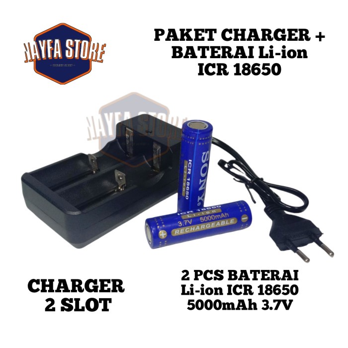 PAKET CHARGER + 2PCS BATERAI ICR 18650 5000MAH 3.7V WARNA BIRU FLATTOP KODE 563