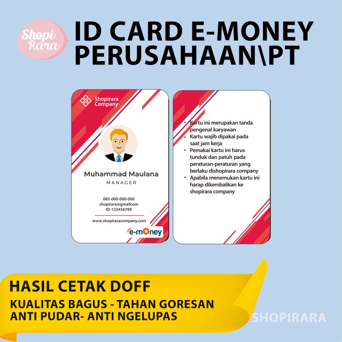 

ID CARD CUSTOM PERUSAHAAN/PT MENGGUNAKAN KARTU EMONEY MANDIRI Kode 1011