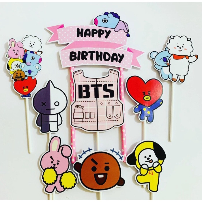 BT21 Versi Kartun dari BTS Pink Topper Cake Birthday / Hiasan Kue Ulta