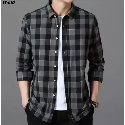 HOT DEALS Kemeja Flanel Pria Lengan Panjang Slim Fit Hem Cowok Motif Kotak Baju Modern Premium