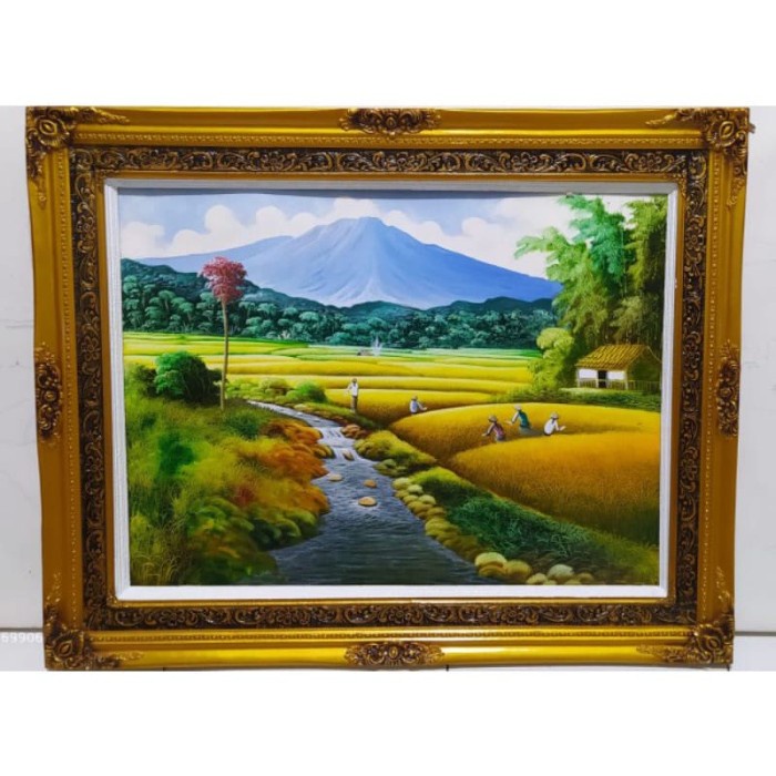 lukisan pemandangan sawah dan gunung