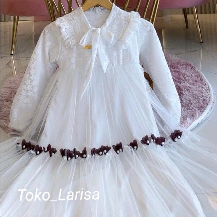 TERPERCAYA Gamis Anak Perempuan Leher Pita Bahan Brokat Terbaru 2024 Model Mawar - Bunga, Baju