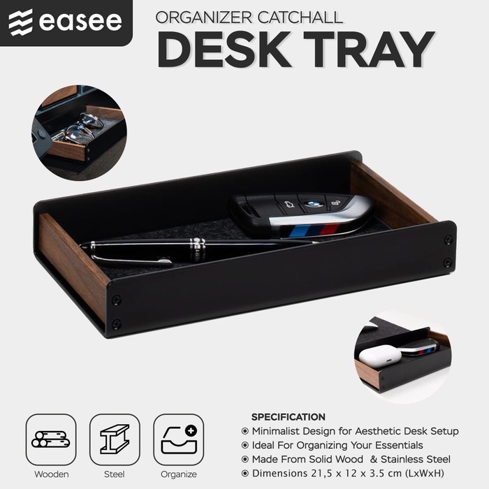 

Wooden Desk Tray Organizer Box - Catchall Wood with Metal Felt Premium