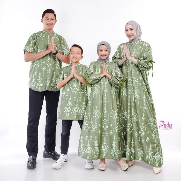 PROMO AIISHA INDONESIA Baju Lebaran Keluarga Rayana Sarimbit Keluarga Motif Etnik Bahan Satin Silky