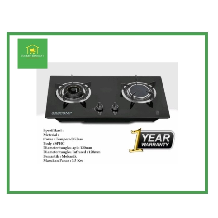 Natanel Gascomp Kompor Gas Tanam Kaca 2 Tungku X Infrared 232N