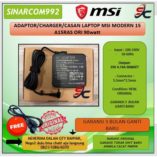 BISA GOSEND ADAPTOR/CHARGER/CASAN LAPTOP MSI MODERN 15 A15RAS ORI 90WATT KUALITAS TERBAIK