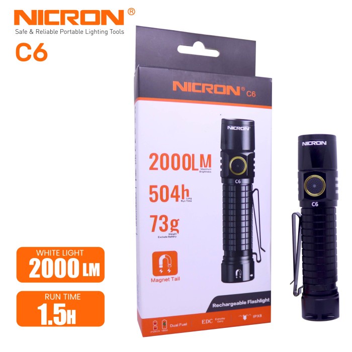 Nicron Senter C6 Dual Fuel EDC - Tingkat Cahaya 2000 lumen, Jarak Cahaya 379 meter - Water resistant
