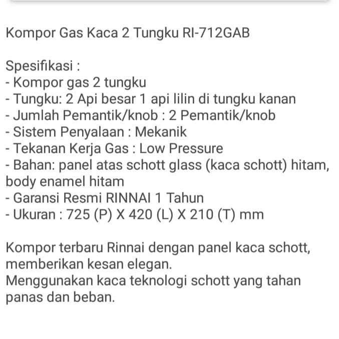 Kompor Gas Rinnai Ri-712 Gab