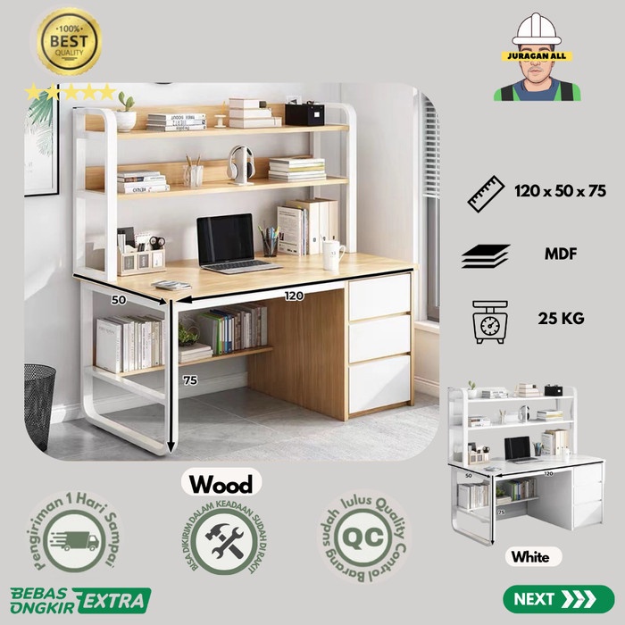Meja Kerja Nimalis/Meja Kantor Laci/Meja Belajar/Meja Komputer 120Cm + Rak Atas - Wood
