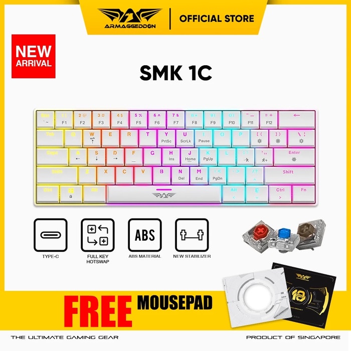 Armaggeddon SMK 1C Low Profile 61 Key Mechanical Keyboard - Hitam, Putih, Switch Zeryou