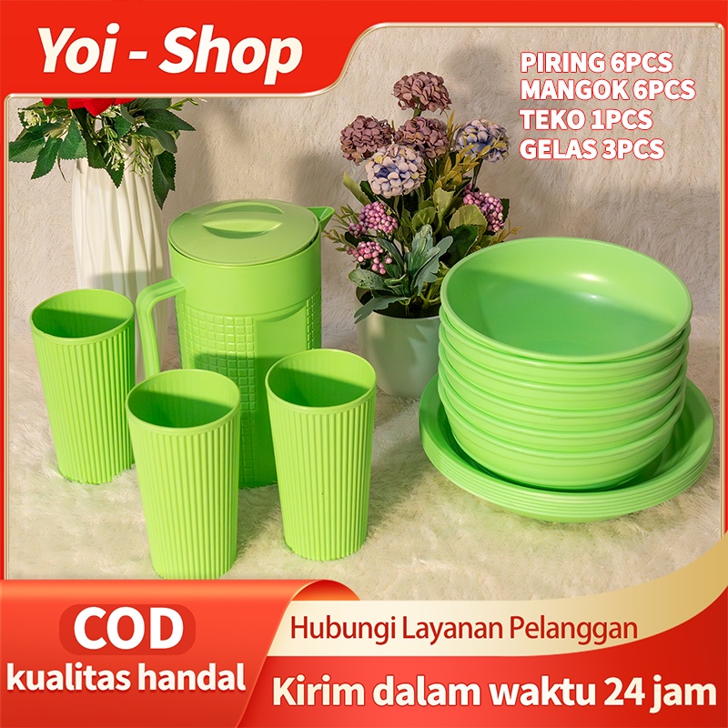 (DN) Produk Baru Yoi - (16 Pcs) Mangkok Set / Piring Aesthetic / Piring 6 Mangkuk 6 Teko 1 Gelas 3